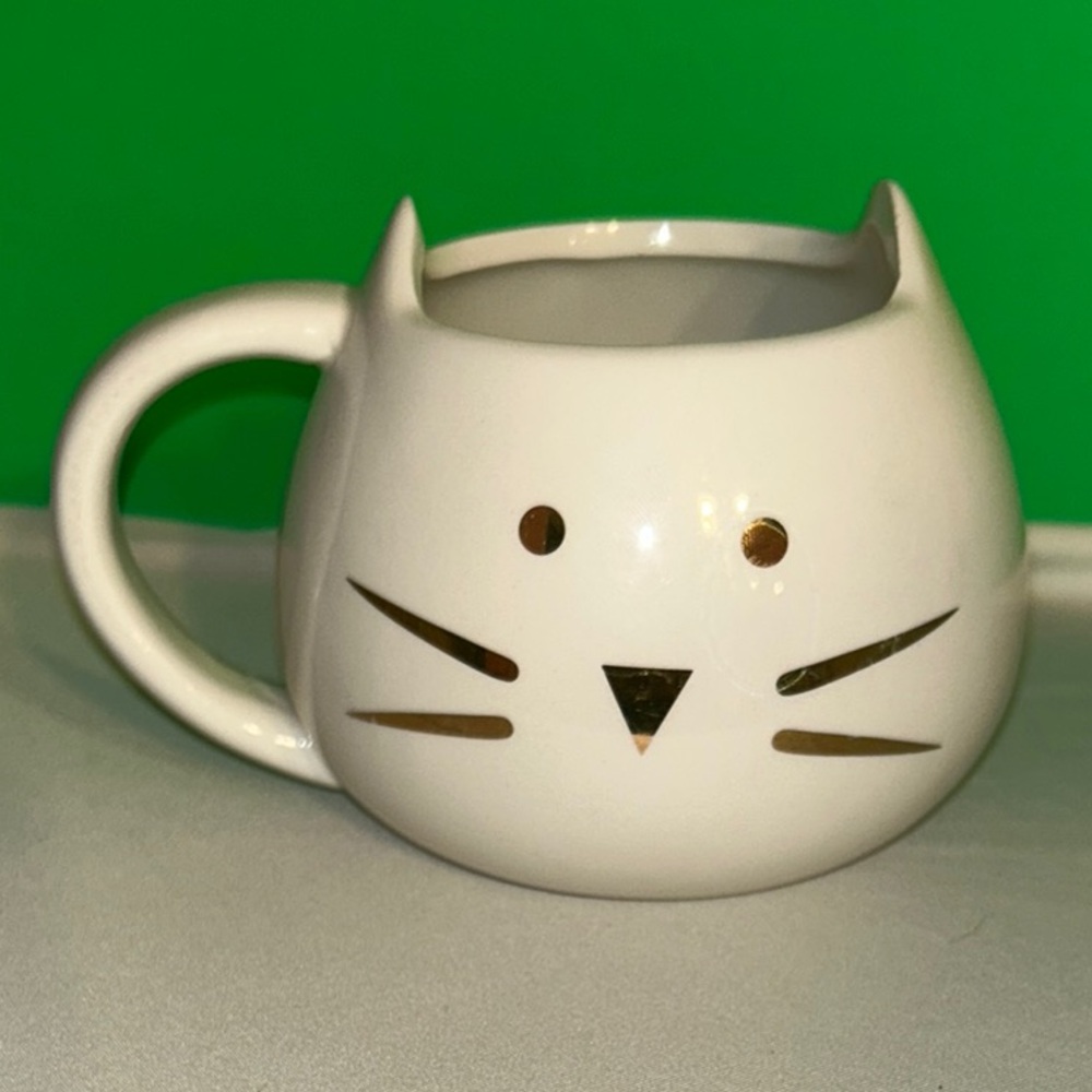 White Gold Metallic Cat Face Coffee Mug 16oz Cute Cat Lover Gift Cup